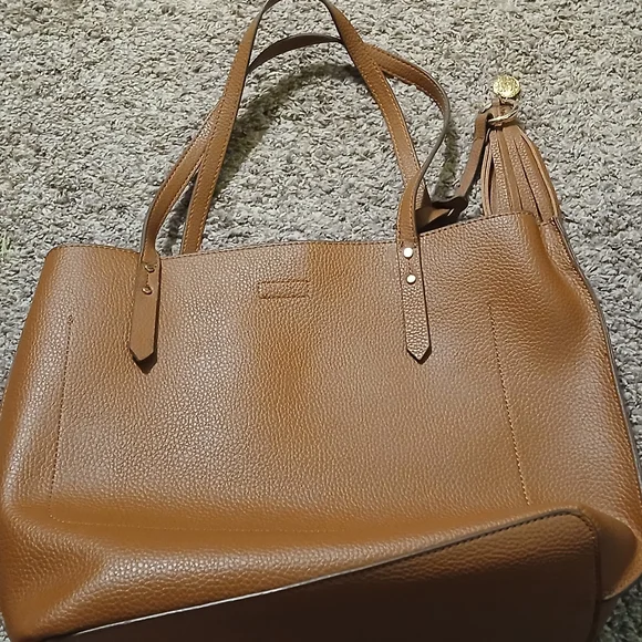 👜 Anne Klein Pebbled Leather Tote Bag • Tan / Cognac • Tassel Charm - Picture 4 of 10